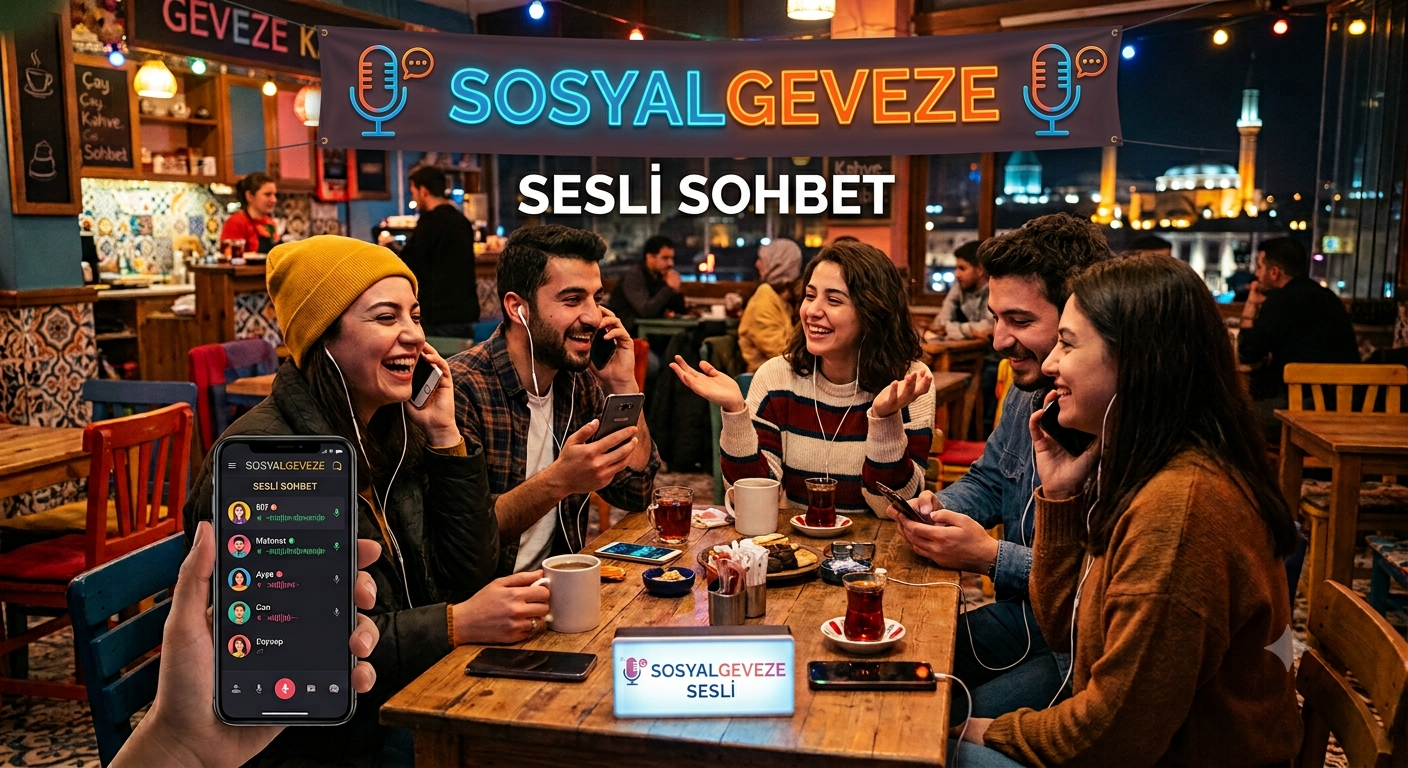 Group of friends at a lively cafe, talking on phones with a neon banner reading SOSYAL GEVEZE above them and 'SESLI SOHBET' in the background.