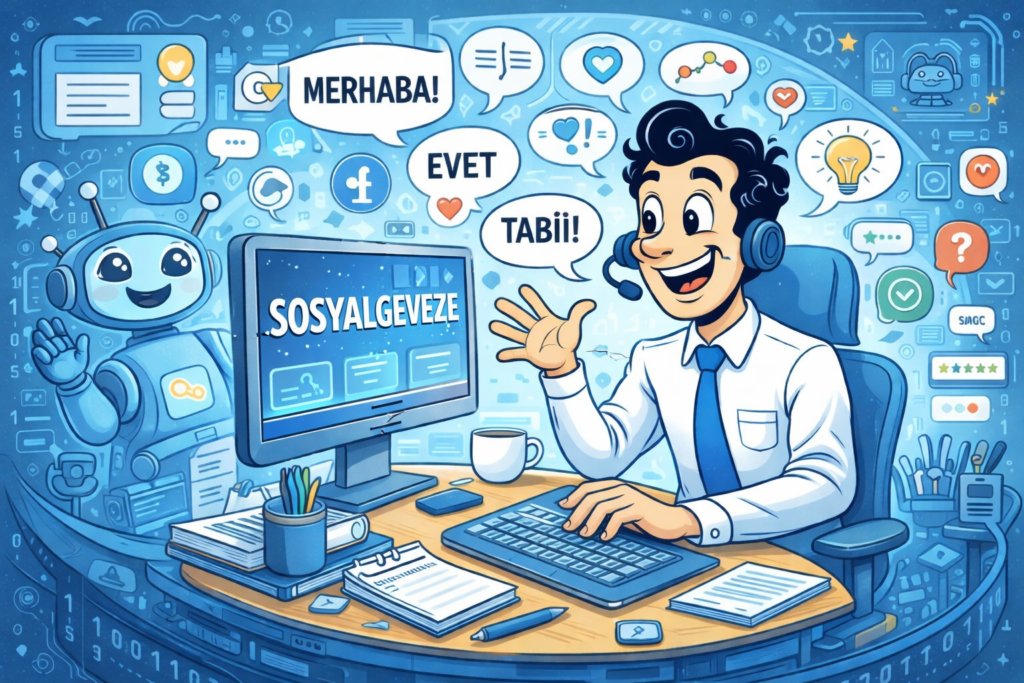 Smiling customer service agent at a desk with a computer and a friendly robot, surrounded by social media icons and chat bubbles in blue tones.