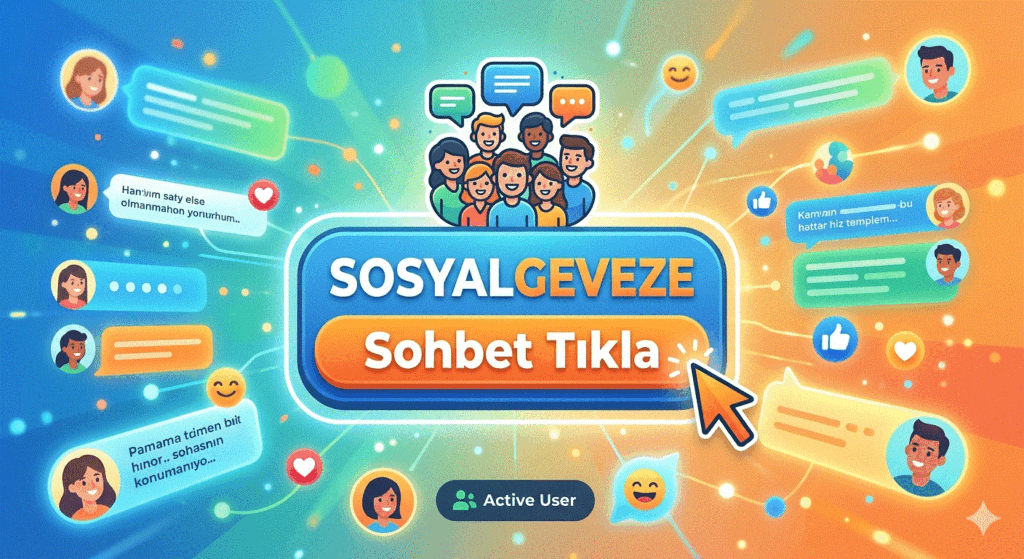 sosyalgeveze - Sosyal Geveze | Chat Sohbet Odaları Mobil Sohbet Siteleri Colorful online chat banner with a group of diverse people above a blue rounded panel reading 'SOSYALGEVEZE' and an orange button 'Sohbet Tıkla', surrounded by chat bubbles and avatars.